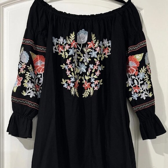 Free People Off Shoulder Black Embroidered Boho Festival Dress S - Picture 1 of 4
